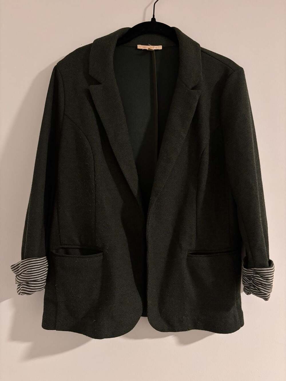 Skies Are Blue Black Blazer Size M Striped Cuffs Open Front Cardigan